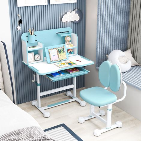 COSTWAY Kid¡¯s Study Desk & Chair Set Height-Adjustable Children Study Desk-Blue (1/5)
