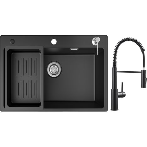Cecipa Evier 1 Bac en Quartz et Résine 70x45cm Evier de Cuisine avec Panier de Vidange et Distributeur de Savon + Mitigeur de Cuisine à Ressort avec Douchette Extractible, Robinet Evier 2 Modes de Sor (1/5)