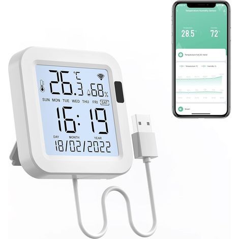 Termometro igrometro per interni WiFi, sensore di umidità per termometro per interni Tuya con schermo di registrazione dati retroilluminato, igrometro per cameretta per bambini, termometro per la casa (1/5)