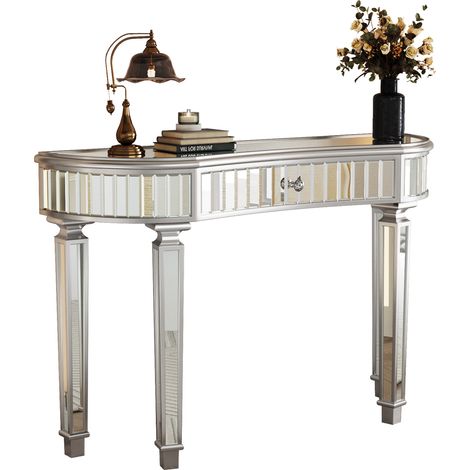 Mesa consola espejo media luna 120 cm gris y plata con cajón y pomo cristal HOMVRA (1/5)