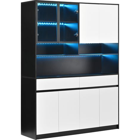 GagaVaisselier haut MDF avec LED, portes vitrées, noir et blanc (1/5)