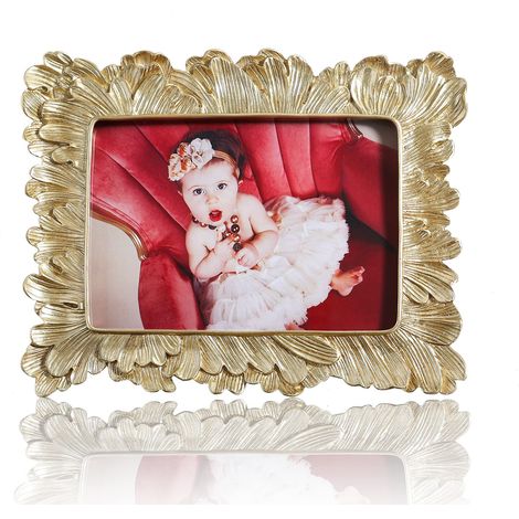 Cadre photo doré vintage 12,7 x 17,8 cm en verre haute définition feuilles de palmier élégant au design rétro européen, cadre photo antique pour poser sur table ou accrocher (1/5)