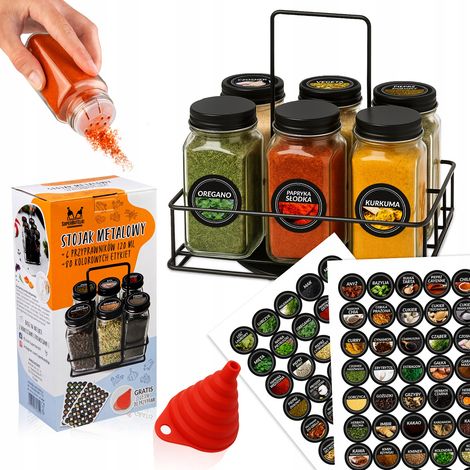 Schwarzer Metallständer mit Griff + 6 Gläser à 120 ml mit schwarzem Deckel und Sieb + 80 Etiketten + Trichter