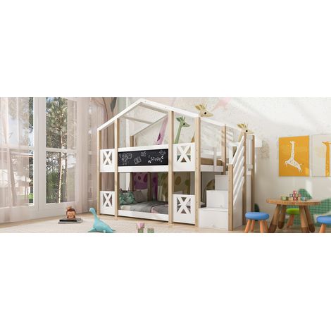 (=458234AAW) Lit rangement 90x200 cm. Enfant, échelines, stockage, anti-chute. Haut, 2 sommiers bois naturel/blanc. (1/5)