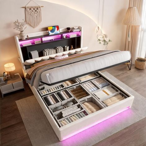 Cadre de lit beige en velours 87 x 57,5 x 45,9 cm (1/5)
