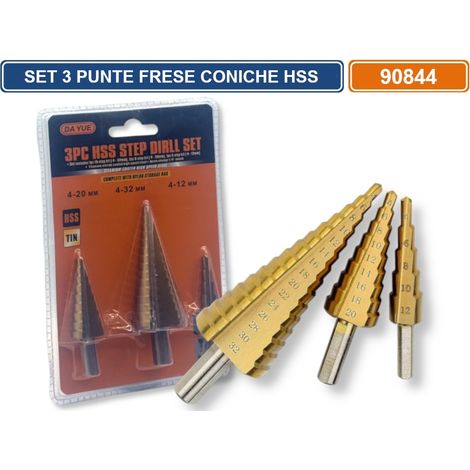 SET 3 PEZZI FRESE CONICHE A GRADINO ACCIAIO HSS DA 4-12MM 4-20MM 4-32MM (1/4)
