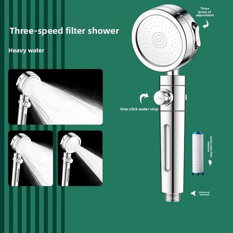 Pommeau de douche filtrant (argenté) avec 3 modes de jet et fonction d'arrêt à un bouton. (1/5)