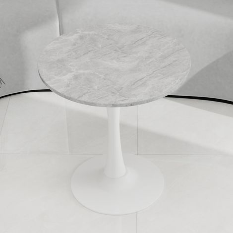 27.6-inch white coffee table, mid-century modern style dining table, suitable for 2-4 people, featuring a round marble tabletop with a light gray veined finish, perfect for various settings. (1/5)