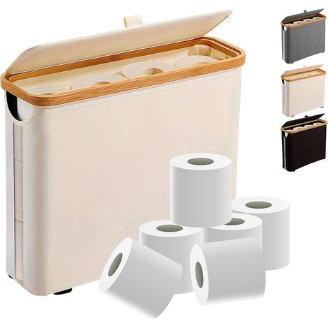 Toilettenpapierhalter für 12 Rollen, schmaler Korb mit Deckel, ideal fürs Badezimmer, aus robustem, leinenartigem Canvas, mit Gummifüßen, Maße: 43 x 15 x 8 cm, beige.