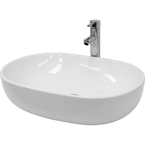 ECD Germany Lavabo Salle de Bain - 600 x 420 mm - en Céramique - Ovale - Blanc - Lave-Mains Évier - Lavabo Vasque à Poser sur Meuble - Design Moderne - avec Kit de Vidange sans Trop-plein