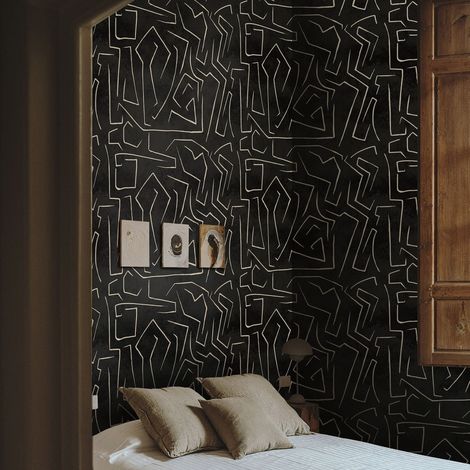 Carta da Parati Nera e Oro Graffiti con Strisce Astratta in Fogli di Carta, 250x200cm (1/5)