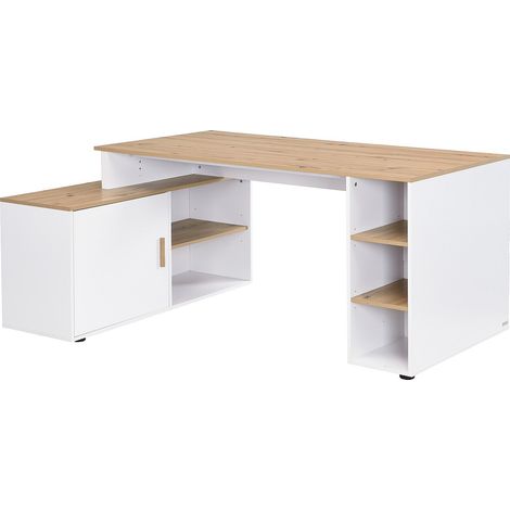 Vente-Unique – Bureau d'angle avec rangements – MDF mélaminé – Blanc et naturel – 5 niches et placard intégré – Dimensions 174x120x76cm