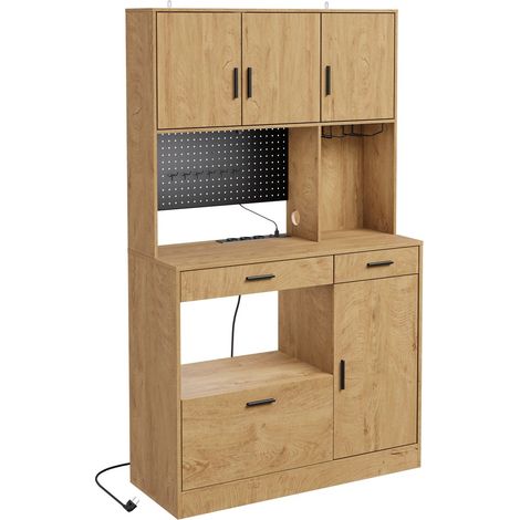SoBuy Küchenschrank freistehend mit 4 Türen und 3 Schubladen Hochschrank mit Arbeitsplatte, Steckdosenleiste, USB und LED-Beleuchtung Küchenbuffet in Eiche hell 100×40×170 cm Tragkraft 100 kg FS (1/5)