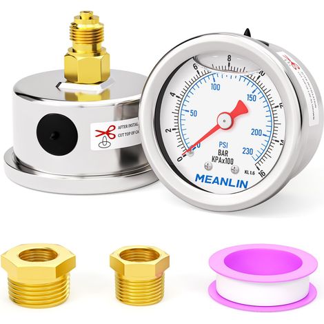 0-16 Bar/230PSI Acier inoxydable 1/8"BSP 1.5"FACE DIAL, Manomètre rempli de glycérine, rempli de liquide,montage arrière, avec douille hexagonale 1/4"BSP et 3/8"BSP (1/5)