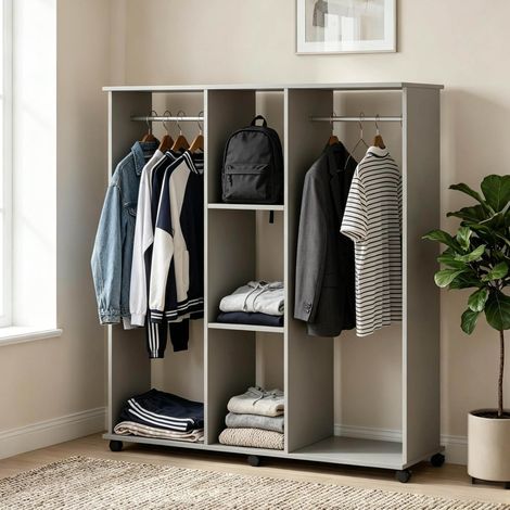 Offener Kleiderschrank auf Rollen 120 x 40 x 128 cm Grau mit 3 Ablagen HAVRYA (1/5)