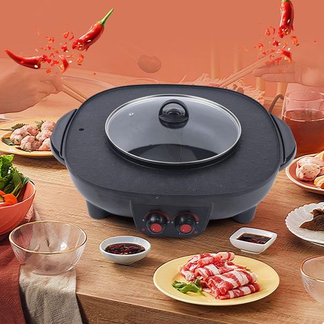 Elektrische Hot Pots, Elektrischer Hot Pot BBQ Grillpfanne 2 in 1 Hot Pot Ofen Rauchfreie Grillmaschinmit Handgriff, für Steaks, Meeresfrüchten, Fleisch, Nudeln in Hause, Restaurants, 49 42cm (1/5)