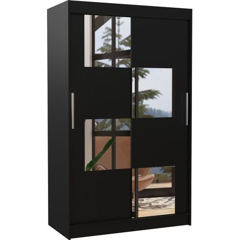Petite armoire de chambre 2 portes coulissantes bois noir et 4 miroirs Luko 120cm (1/5)