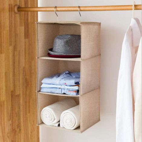 Hanging storage shelves, 3-tier closet organizer with 2 eco-friendly hooks made of cotton and linen (beige) (1/5)