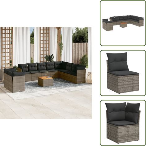 11-tlg. Garten-Sofagarnitur mit Kissen Grau Poly Rattan - Gartenmöbel Set - Esszimmergarnitur - Outdoor Möbel - Lounge Sofa - Rattan Gartenmöbel (1/5)