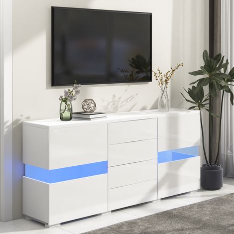 Moderner TV-Schrank, 2 Türen, 4 brillante Schubladen, Wohnzimmer-Sideboard mit LED-Licht, Seitenschrank, 140 x 35 x 72 cm, Weiß