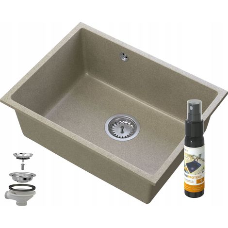 Évier de cuisine en granit Manado 53.5 × 40 cm sous plan beige avec distributeur et siphon (1/5)