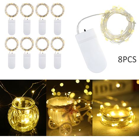Guirlande lumineuse de 2 mètres avec 20 LED, lot de 8, alimentée par piles, étanche IP65, blanc chaud, idéale pour les fêtes, le salon, la chambre, la terrasse, le jardin et la décoration intérieure. (1/5)