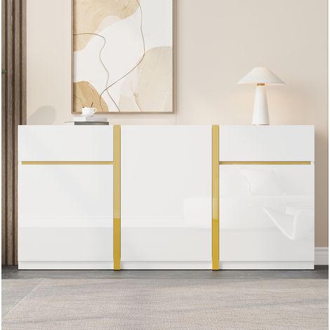 MEUBLIV Buffet de rangement 160 cm blanc brillant et doré – 3 portes, 2 tiroirs (1/5)