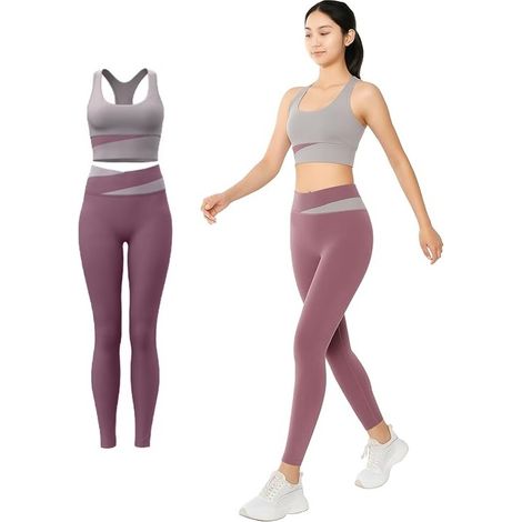 Completo da palestra per allenamenti, reggiseno, leggings, abbigliamento sportivo, completo fitness L (rosa bicolore L) (1/5)