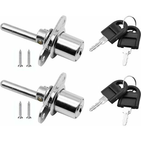 2 serrures à clé pour meubles. Serrure à piston pour vitrine ou classeur. Diamètre : 16 mm. Longueur : 61 mm (argenté).
