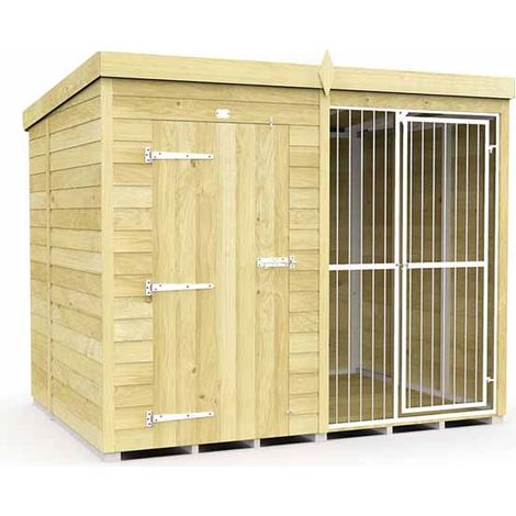 8ft X 6ft Dog Kennel and Run Full Height with Bars - Wood - L178 x W243 x H201 cm