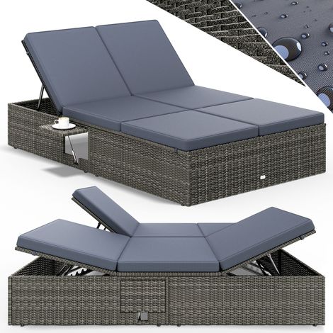 Casaria – Transat double réglable 220 x 115 cm – Polyrotin tissé à la main – Charge max 400 kg – Tables pliables – Housses lavables à 30°C