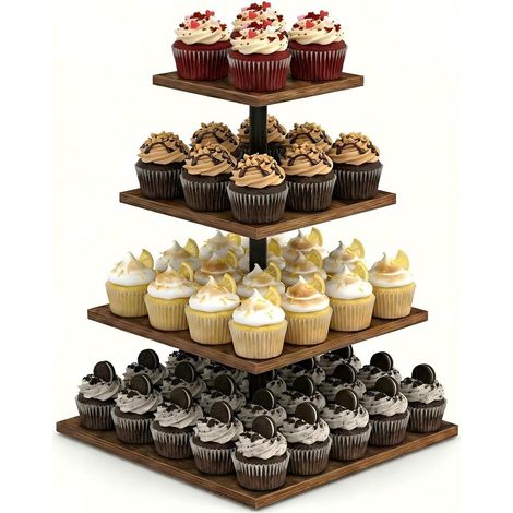 4 Tier Wooden Cupcake Stand, 30 cm 360° Rotation Square Cupcake Tower Stand with Tiers Reusable Cake Stand for Weddings, Birthdays, Births, Halloween, Parties (1/5)