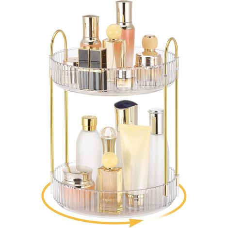Organizador giratorio transparente de 2 capas, 360°, para guardar perfumes y cosméticos en el tocador o el baño.