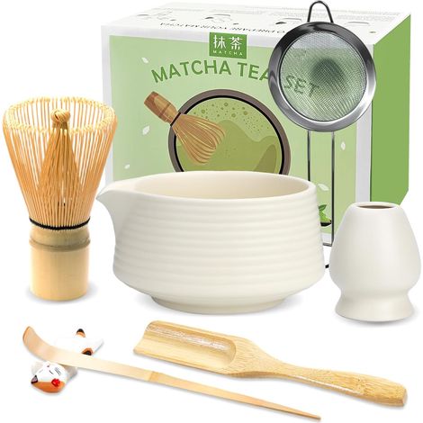 Matcha Kit 7 Pièces, Matcha Set - Fouet à Matcha en Bambou, Bol à Matcha, Support pour Fouet, Cuillère et Tamis, Kit Matcha pour Cérémonie du Matcha - Beige Blanc (1/5)