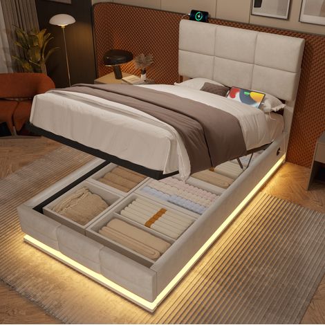 Struttura letto 90x200 cm in velluto, testiera regolabile, luci LED dimmerabili, porte USB, beige (1/5)