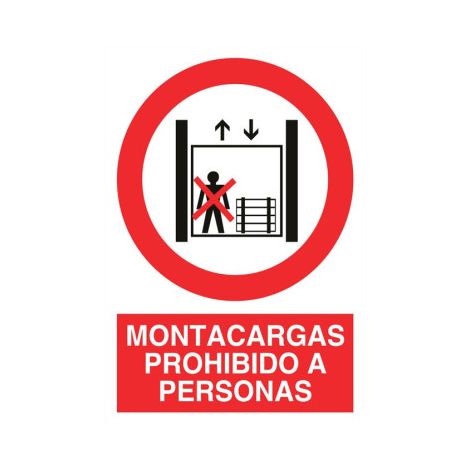Cartel de seguridad que indica Montacargas prohibido a personas                                                   Poliestireno       148X105