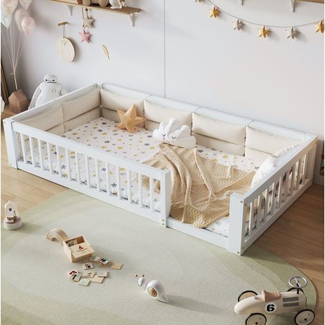 Cama plataforma 90x200 blanca con barandillas laterales y cojines, pino y MDF, OKWISH (1/5)