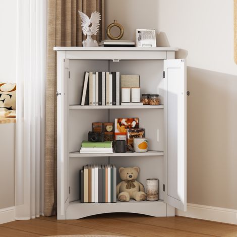 Armoire de salle de bain – Meuble triangulaire sur pied à 2 portes et 3 niveaux – MDF de haute qualité – Gain de place – 61,5 x 80 cm – Blanc (1/5)