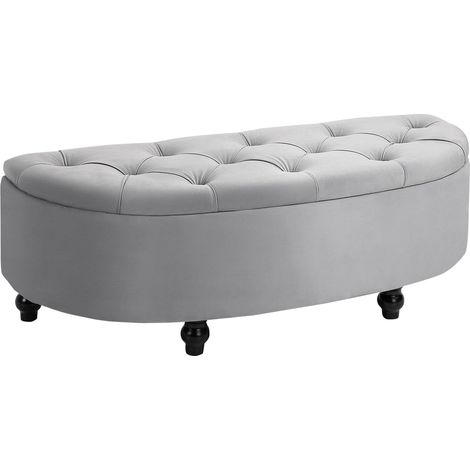 Banc de rangement, banquette capitonnée aspect velours, couvercle ouvert, coffre de rangement avec pieds en bois, banc coffre pour salon, entrée, chambre, 120 x 46 x 42 cm, gris