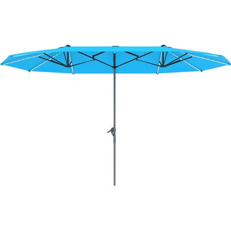 Doppelsonnenschirm mit Solar LED Lichtern 451x267 cm Aluminium UV 50+ Sonnenschirm mit Handkurbel, Balkonschirm windfest Marktschirm Sonnenschutz für Strand Balkon Garten, Blau