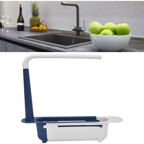 Étagère de rangement coulissante bleue pour la cuisine, avec panier d'égouttage et passoire pour torchons et crochets de cuisine. (1/5)
