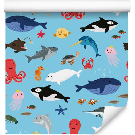 Papel pintado con alegres animales marinos para salón y dormitorio, 50x1000 cm. (1/5)