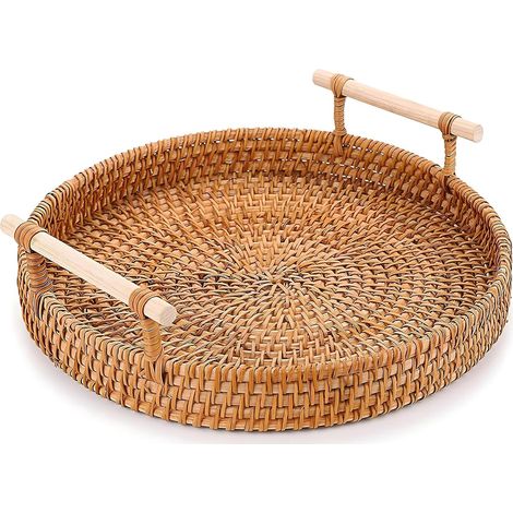 Vassoio rotondo da 22 cm con base robusta intrecciata a mano, stile rustico, decorativo, ideale per servire frutta e pane. (1/5)