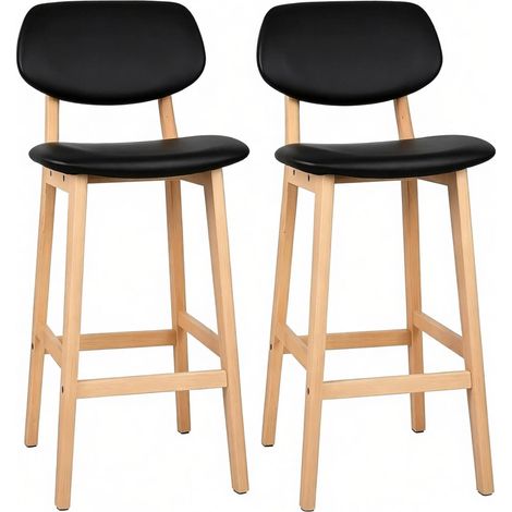 Barhocker Set 2 Stück mit gepolsterter Rückenlehne und Sitzfläche, schwarz, Kunstleder und Holz (1/5)
