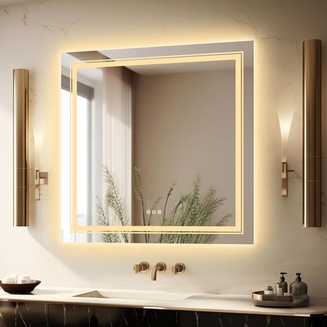 90x90cm Specchio Bagno LED Luce Retroilluminato + Frontale, Rettangolare, Disappannamento, Interruttore Touch, Dimmerabile, Memoria (1/5)