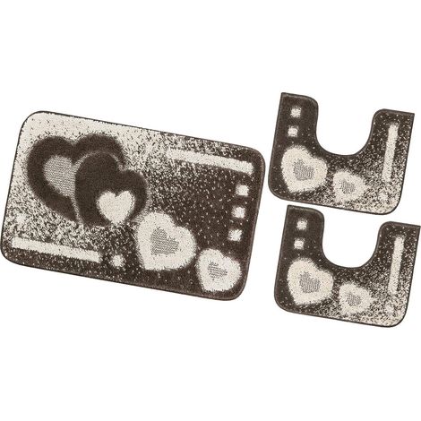 Tapis de Bain Lot de 3 Pièces Moderne Doux Antidérapant Tapis de Douche Lavable Absorbant Coeurs - Marron (1/5)