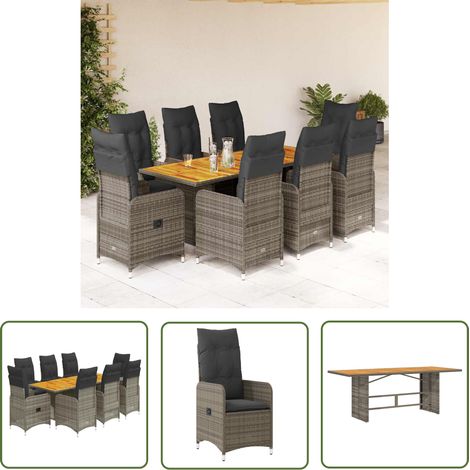 vidaXL 9-tlg. Garten-Bistro-Set mit Kissen Grau Poly Rattan (1/5)
