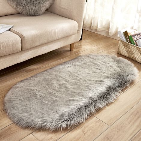 Oval Faux Fur Sheepskin Floor Rug, Grey 60x900CM (1/4)