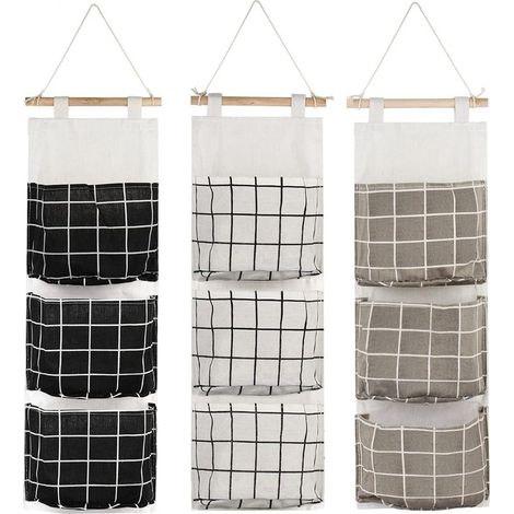 3Pcs Sac de Rangement Suspendu avec 3 Poches Étagère Mural en Tissu Panier Pochette de Rangement Organisateur pour Chambre Salle de Bain Cuisine - Étanche & Élégant (Noir/Gris/Blanc) (1/3)