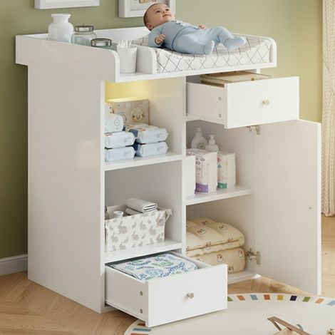 Armoire d’angle multifonctionnelle blanche avec table à langer – Éclairage LED intégré, 2 tiroirs et grand espace de rangement compartimenté pour bébé (1/5)